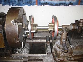  8-Dec-07 A classic setup in the lathe - The part held between centers insuring maximum concentricity.